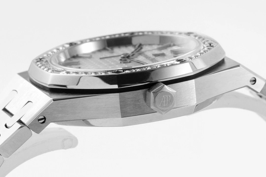 8F廠復刻愛彼皇家橡樹34mm 鑲鉆白盤鋼帶女士機械手錶-精仿愛彼