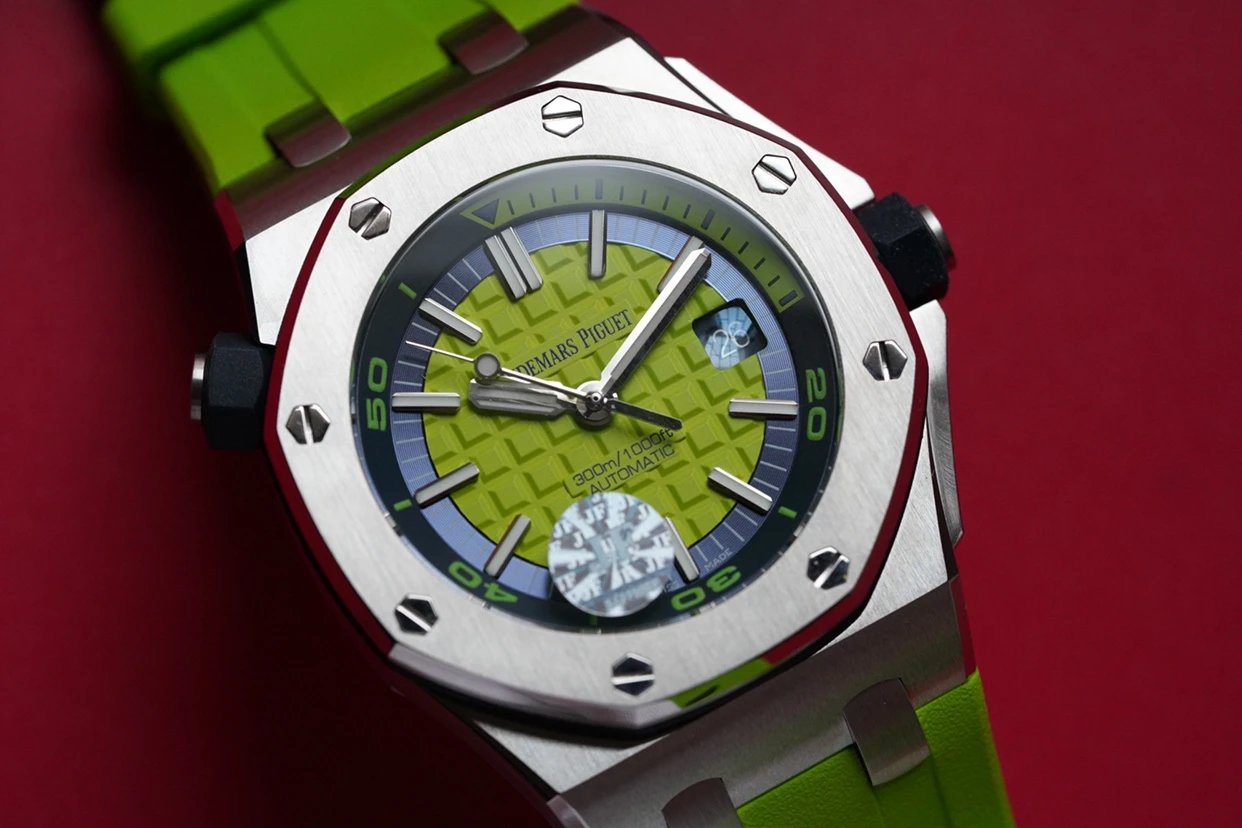 JF愛彼15710皇家橡樹離岸型彩色繫列綠盤橡膠錶帶男士機械手錶￥3480-精仿愛彼