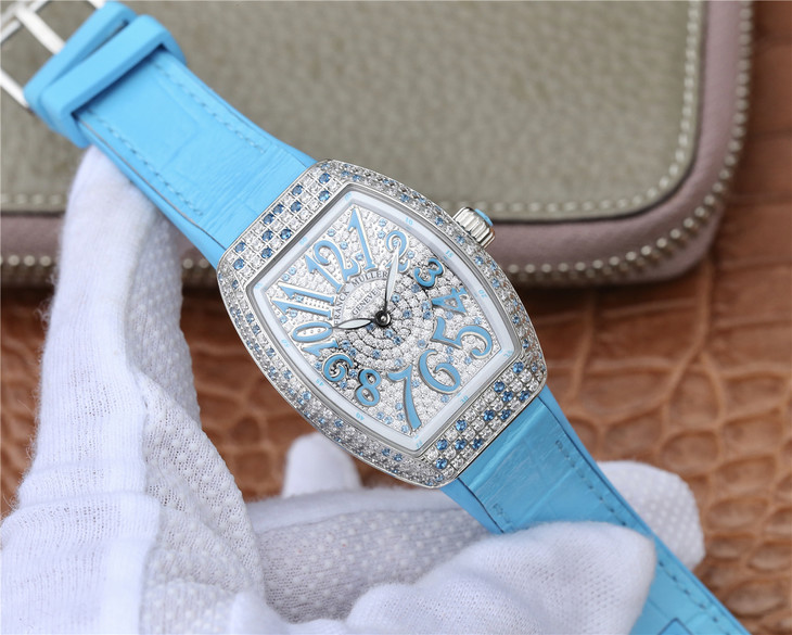 ABF法穆蘭Franck Muller V32 繫列 女士腕錶 藍色矽膠錶帶 石英機芯￥3480-精仿法蘭克穆勒